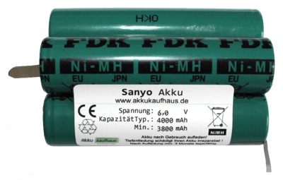 Sanyo Akku für Treble Light MX6 6,0 Volt  4000mAh NiMH im Zylinderformat inkl. 2 Flachschalter